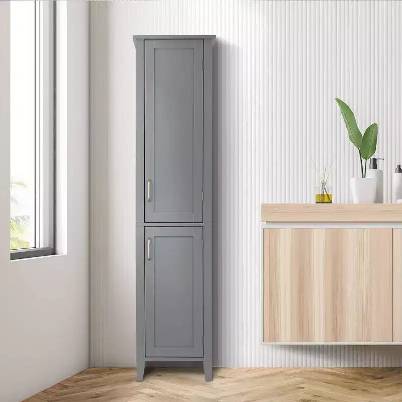 Mid Century Modern Wooden Linen Tower Cabinet, Gray
