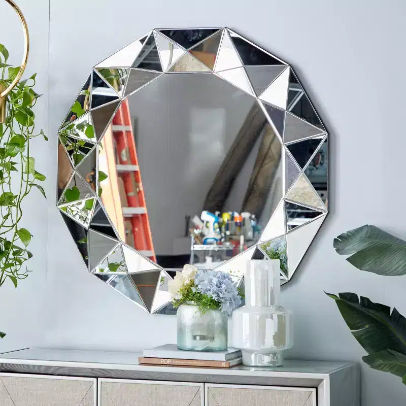 Large Round Silver Starburst Wall Mirror - 39.5" Diameter, Beveled Glass, MDF Frame, Glam Style, Indoor