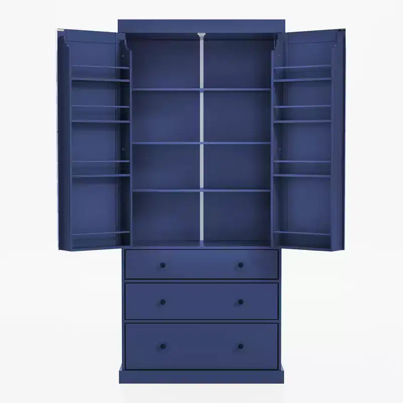 77" Freestanding Kitchen Pantry Cabinet - 3 Adjustable Shelves, 3 Drawers, 8 Door Shelves, Painted MDF, 35"W x 17.7"D