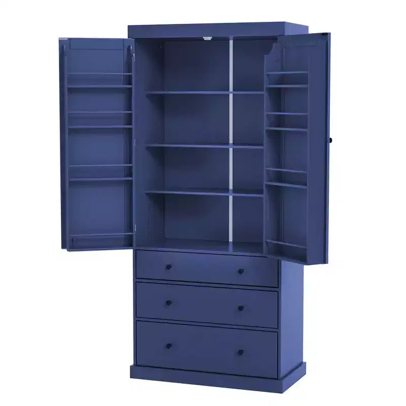 77" Freestanding Kitchen Pantry Cabinet - 3 Adjustable Shelves, 3 Drawers, 8 Door Shelves, Painted MDF, 35"W x 17.7"D