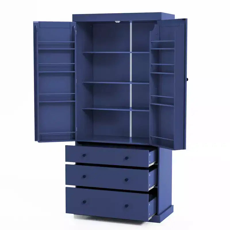 77" Freestanding Kitchen Pantry Cabinet - 3 Adjustable Shelves, 3 Drawers, 8 Door Shelves, Painted MDF, 35"W x 17.7"D