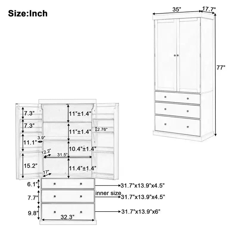 77" Freestanding Kitchen Pantry Cabinet - 3 Adjustable Shelves, 3 Drawers, 8 Door Shelves, Painted MDF, 35"W x 17.7"D