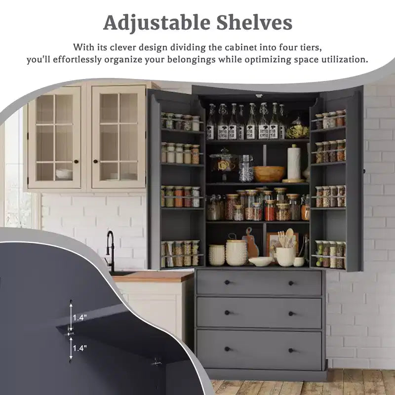 77" Freestanding Kitchen Pantry Cabinet - 3 Adjustable Shelves, 3 Drawers, 8 Door Shelves, Painted MDF, 35"W x 17.7"D