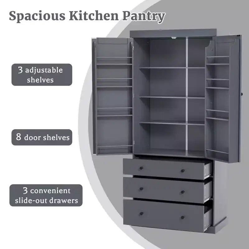77" Freestanding Kitchen Pantry Cabinet - 3 Adjustable Shelves, 3 Drawers, 8 Door Shelves, Painted MDF, 35"W x 17.7"D
