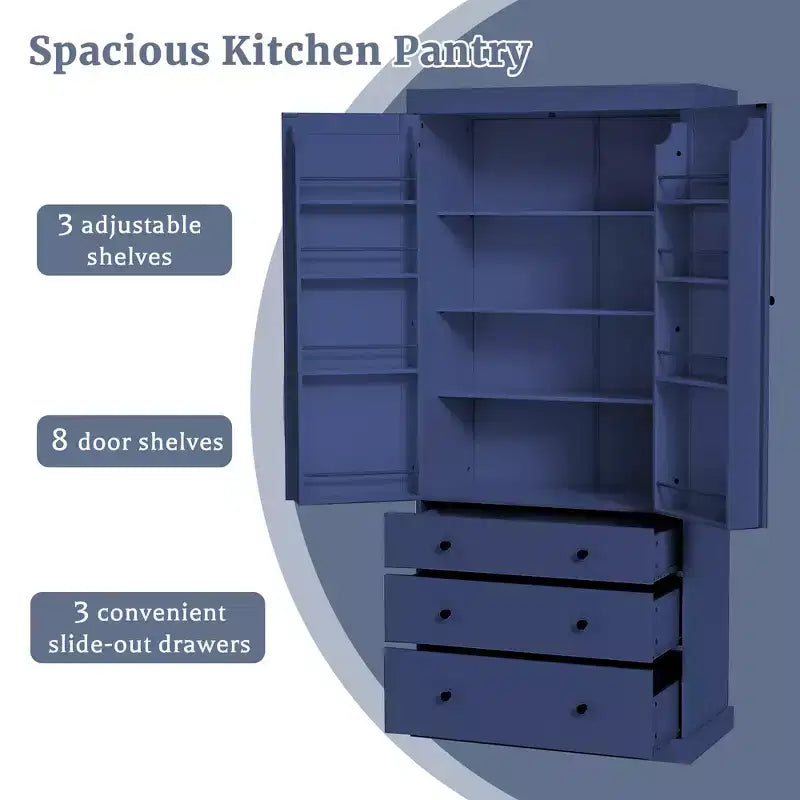 77" Freestanding Kitchen Pantry Cabinet - 3 Adjustable Shelves, 3 Drawers, 8 Door Shelves, Painted MDF, 35"W x 17.7"D