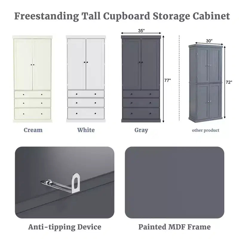 77" Freestanding Kitchen Pantry Cabinet - 3 Adjustable Shelves, 3 Drawers, 8 Door Shelves, Painted MDF, 35"W x 17.7"D