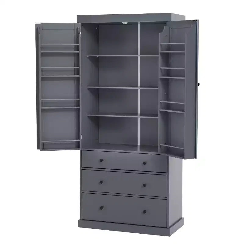 77" Freestanding Kitchen Pantry Cabinet - 3 Adjustable Shelves, 3 Drawers, 8 Door Shelves, Painted MDF, 35"W x 17.7"D