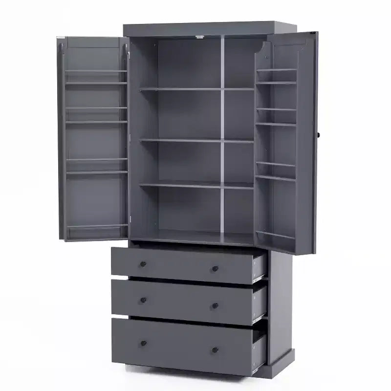77" Freestanding Kitchen Pantry Cabinet - 3 Adjustable Shelves, 3 Drawers, 8 Door Shelves, Painted MDF, 35"W x 17.7"D