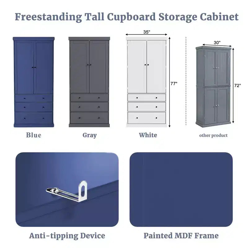 77" Freestanding Kitchen Pantry Cabinet - 3 Adjustable Shelves, 3 Drawers, 8 Door Shelves, Painted MDF, 35"W x 17.7"D