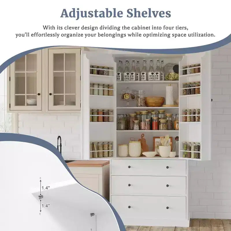 77" Freestanding Kitchen Pantry Cabinet - 3 Adjustable Shelves, 3 Drawers, 8 Door Shelves, Painted MDF, 35"W x 17.7"D