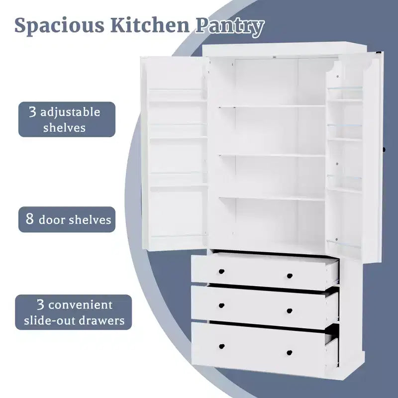 77" Freestanding Kitchen Pantry Cabinet - 3 Adjustable Shelves, 3 Drawers, 8 Door Shelves, Painted MDF, 35"W x 17.7"D
