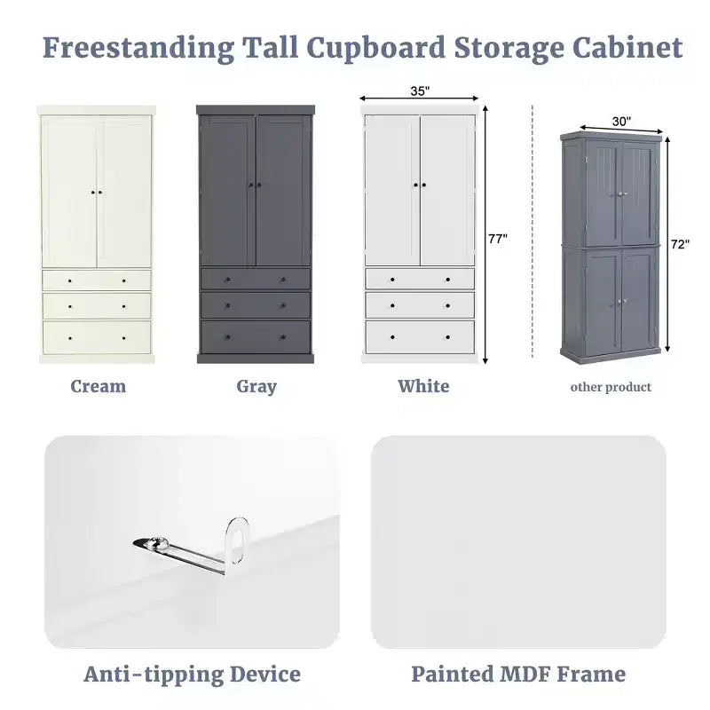 77" Freestanding Kitchen Pantry Cabinet - 3 Adjustable Shelves, 3 Drawers, 8 Door Shelves, Painted MDF, 35"W x 17.7"D