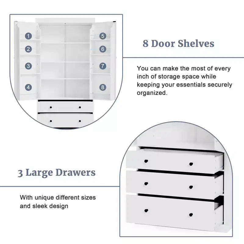 77" Freestanding Kitchen Pantry Cabinet - 3 Adjustable Shelves, 3 Drawers, 8 Door Shelves, Painted MDF, 35"W x 17.7"D