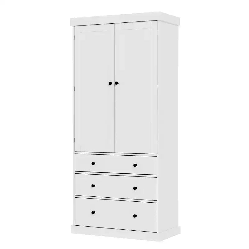 77" Freestanding Kitchen Pantry Cabinet - 3 Adjustable Shelves, 3 Drawers, 8 Door Shelves, Painted MDF, 35"W x 17.7"D
