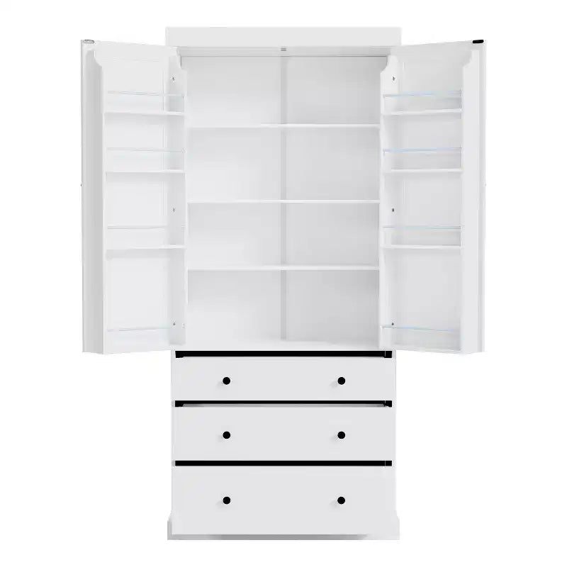 77" Freestanding Kitchen Pantry Cabinet - 3 Adjustable Shelves, 3 Drawers, 8 Door Shelves, Painted MDF, 35"W x 17.7"D
