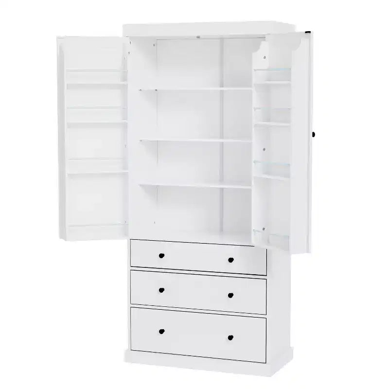 77" Freestanding Kitchen Pantry Cabinet - 3 Adjustable Shelves, 3 Drawers, 8 Door Shelves, Painted MDF, 35"W x 17.7"D