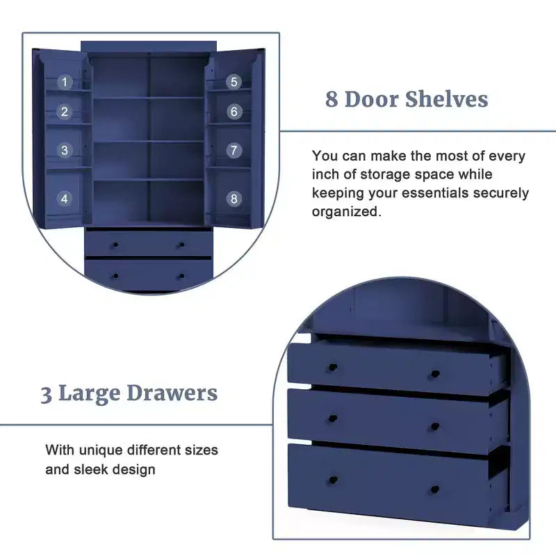 77" Freestanding Kitchen Pantry Cabinet - 3 Adjustable Shelves, 3 Drawers, 8 Door Shelves, Painted MDF, 35"W x 17.7"D