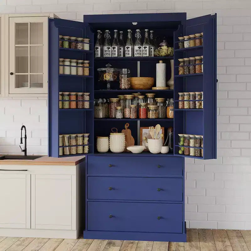Whisen Freestanding Kitchen Pantry Organizer, Cabinet with 3-Adjustable Shelves, 3-Drawers, 8-Door Inner Shelves