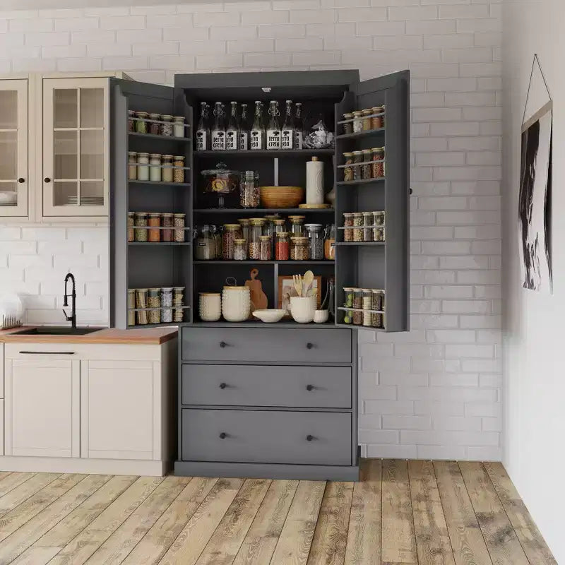 77" Freestanding Kitchen Pantry Cabinet - 3 Adjustable Shelves, 3 Drawers, 8 Door Shelves, Painted MDF, 35"W x 17.7"D