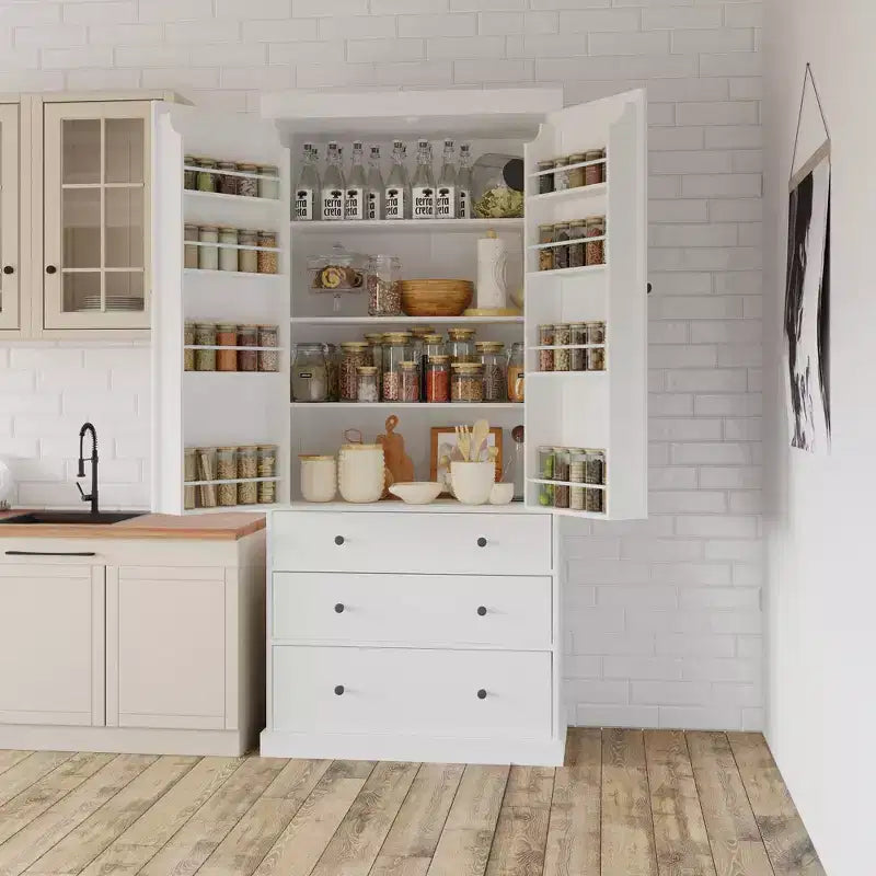 77" Freestanding Kitchen Pantry Cabinet - 3 Adjustable Shelves, 3 Drawers, 8 Door Shelves, Painted MDF, 35"W x 17.7"D