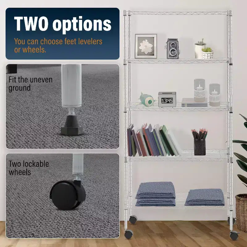 5-Tier Heavy-Duty Metal Wire Shelving Unit - 750 lb Capacity, Adjustable Shelf Heights, Lockable Wheels, Garage, Home & Kitchen