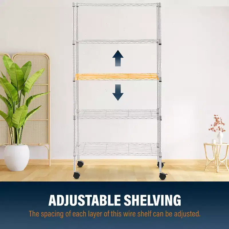 5-Tier Heavy-Duty Metal Wire Shelving Unit - 750 lb Capacity, Adjustable Shelf Heights, Lockable Wheels, Garage, Home & Kitchen
