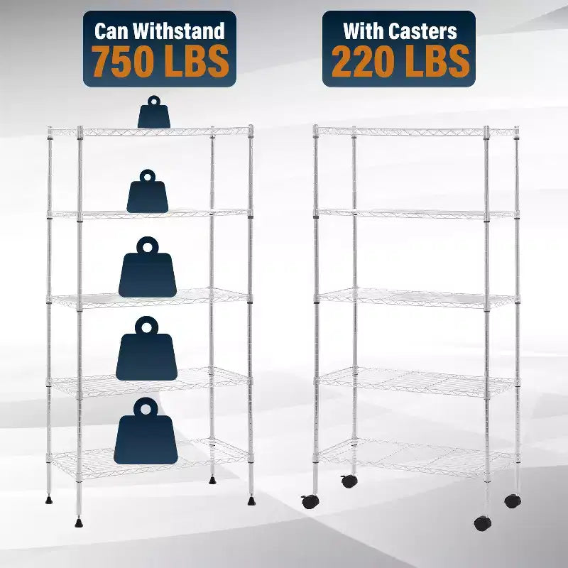 5-Tier Heavy-Duty Metal Wire Shelving Unit - 750 lb Capacity, Adjustable Shelf Heights, Lockable Wheels, Garage, Home & Kitchen