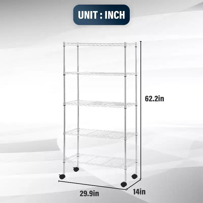 5-Tier Heavy-Duty Metal Wire Shelving Unit - 750 lb Capacity, Adjustable Shelf Heights, Lockable Wheels, Garage, Home & Kitchen