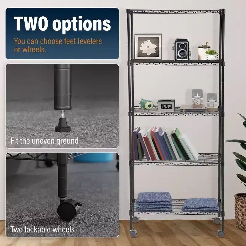 5-Tier Heavy-Duty Metal Wire Shelving Unit - 750 lb Capacity, Adjustable Shelf Heights, Lockable Wheels, Garage, Home & Kitchen