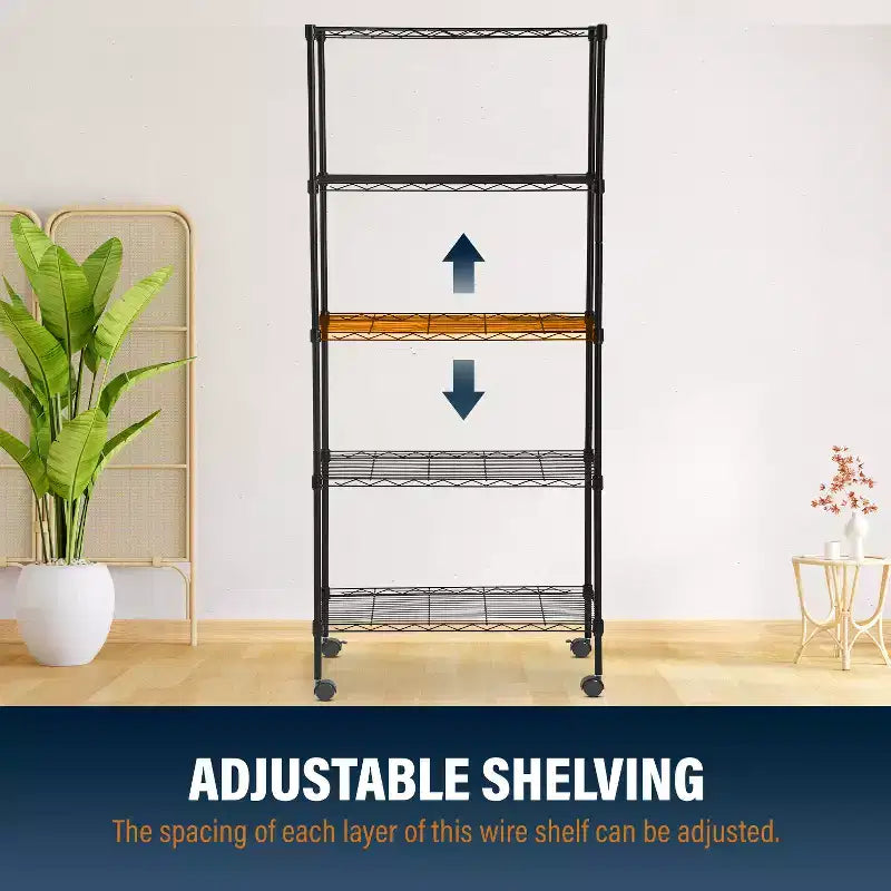 5-Tier Heavy-Duty Metal Wire Shelving Unit - 750 lb Capacity, Adjustable Shelf Heights, Lockable Wheels, Garage, Home & Kitchen