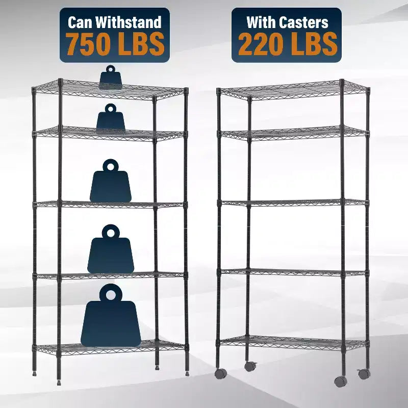 5-Tier Heavy-Duty Metal Wire Shelving Unit - 750 lb Capacity, Adjustable Shelf Heights, Lockable Wheels, Garage, Home & Kitchen