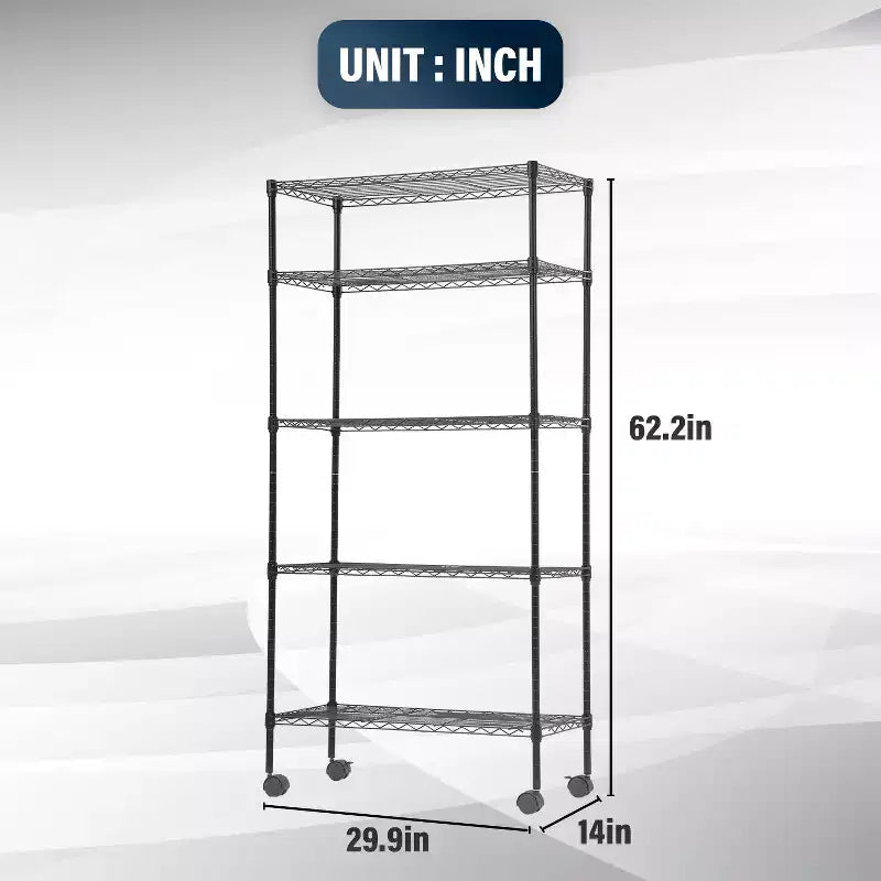 5-Tier Heavy-Duty Metal Wire Shelving Unit - 750 lb Capacity, Adjustable Shelf Heights, Lockable Wheels, Garage, Home & Kitchen