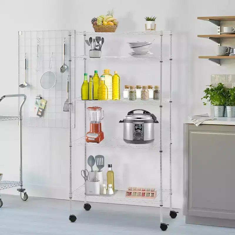 5-Tier Heavy-Duty Metal Wire Shelving Unit - 750 lb Capacity, Adjustable Shelf Heights, Lockable Wheels, Garage, Home & Kitchen