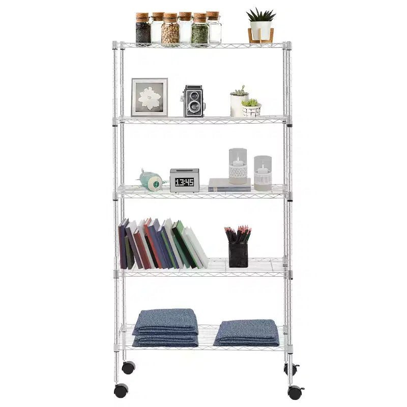 5-Tier Heavy-Duty Metal Wire Shelving Unit - 750 lb Capacity, Adjustable Shelf Heights, Lockable Wheels, Garage, Home & Kitchen