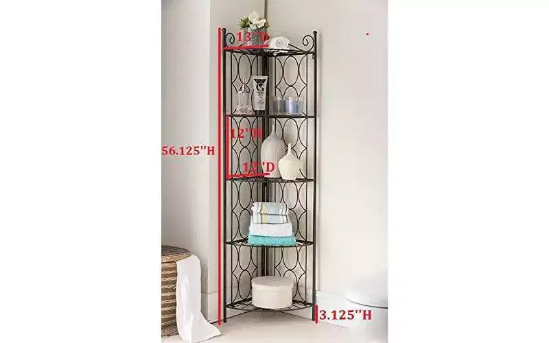 Brushed Copper Metal 5-Tier Corner Shelf Rack - Space-Saving Display Stand, 56"H x 13"W x 13"D, 16 lbs