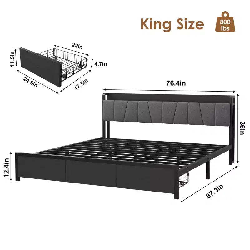 King Platform Bed Frame with Upholstered Headboard, Charging Station, 2 Storage Drawers, 12 Legs, 800 lb Capacity, No Box Spring Needed