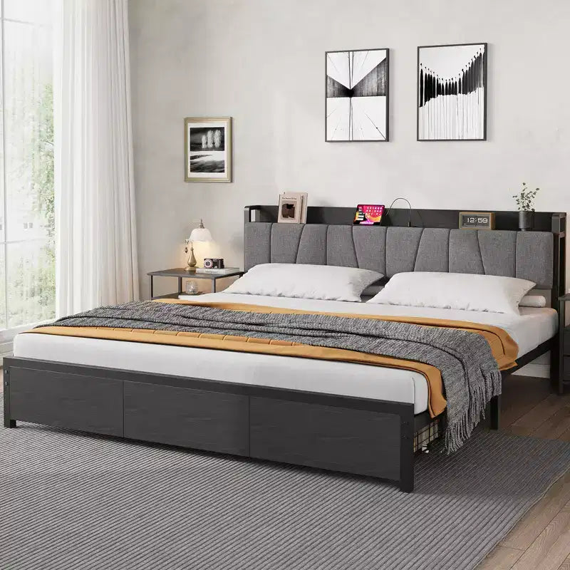 King Platform Bed Frame with Upholstered Headboard, Charging Station, 2 Storage Drawers, 12 Legs, 800 lb Capacity, No Box Spring Needed