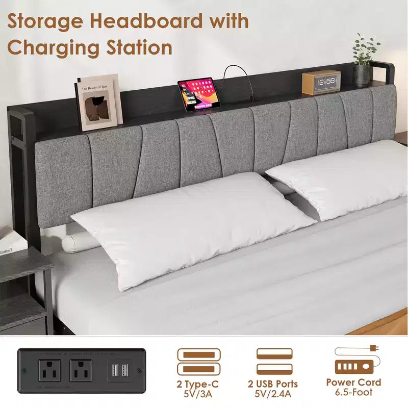 King Platform Bed Frame with Upholstered Headboard, Charging Station, 2 Storage Drawers, 12 Legs, 800 lb Capacity, No Box Spring Needed