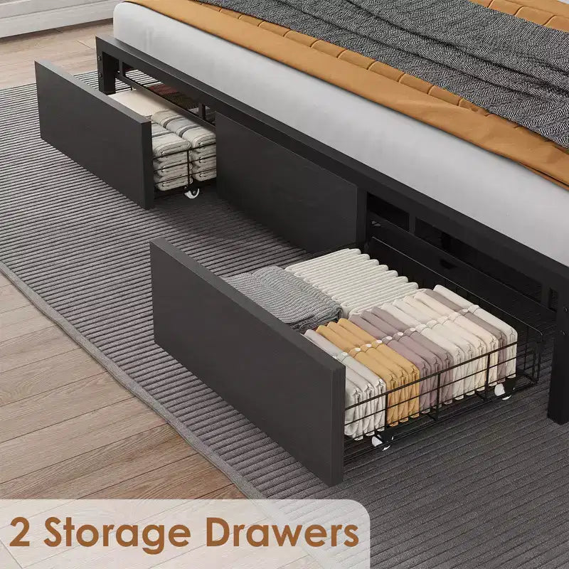 King Platform Bed Frame with Upholstered Headboard, Charging Station, 2 Storage Drawers, 12 Legs, 800 lb Capacity, No Box Spring Needed