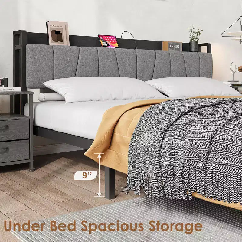 King Platform Bed Frame with Upholstered Headboard, Charging Station, 2 Storage Drawers, 12 Legs, 800 lb Capacity, No Box Spring Needed