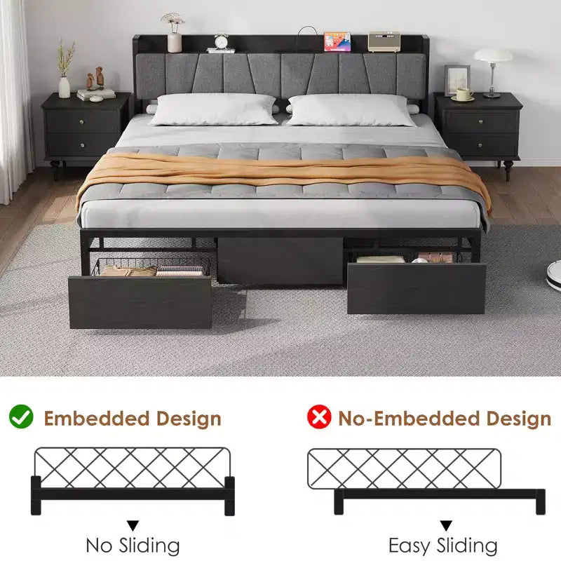 King Platform Bed Frame with Upholstered Headboard, Charging Station, 2 Storage Drawers, 12 Legs, 800 lb Capacity, No Box Spring Needed