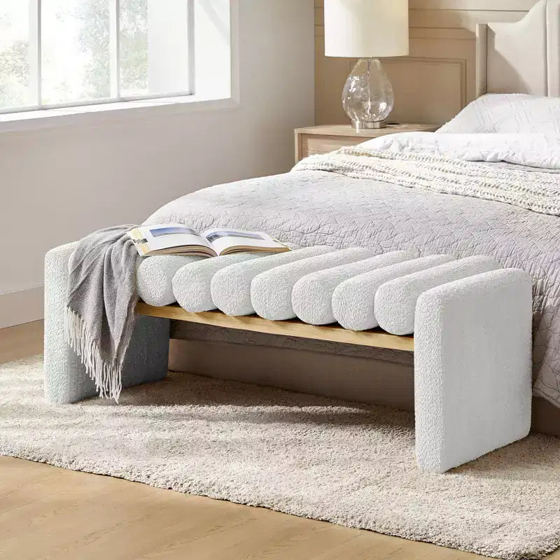 Alice Solid Wood Bench with H-Shaped Frame & Removable Round Bolster Cushions - Modern Minimalist, Polyester Upholstery, 19" Seat Height