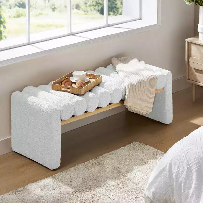 Alice Solid Wood Bench with H-Shaped Frame & Removable Round Bolster Cushions - Modern Minimalist, Polyester Upholstery, 19" Seat Height