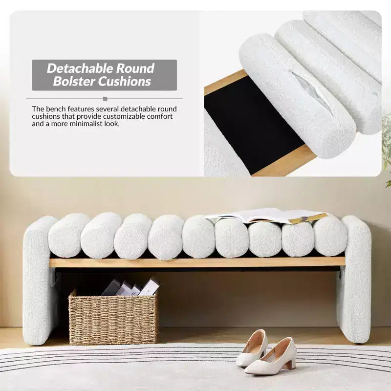Alice Solid Wood Bench with H-Shaped Frame & Removable Round Bolster Cushions - Modern Minimalist, Polyester Upholstery, 19" Seat Height