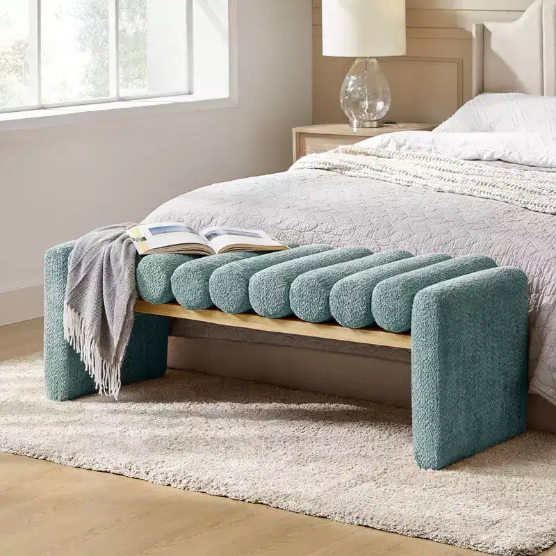 Alice Solid Wood Bench with H-Shaped Frame & Removable Round Bolster Cushions - Modern Minimalist, Polyester Upholstery, 19" Seat Height