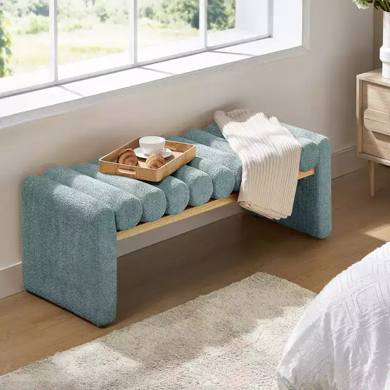 Alice Solid Wood Bench with H-Shaped Frame & Removable Round Bolster Cushions - Modern Minimalist, Polyester Upholstery, 19" Seat Height
