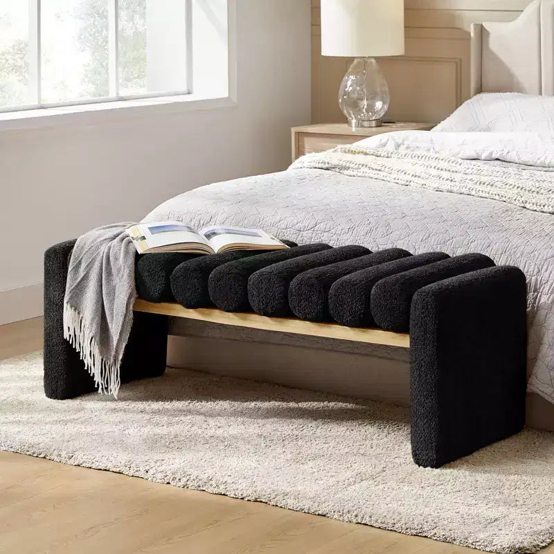 Alice Solid Wood Bench with H-Shaped Frame & Removable Round Bolster Cushions - Modern Minimalist, Polyester Upholstery, 19" Seat Height