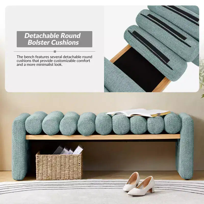 Alice Solid Wood Bench with H-Shaped Frame & Removable Round Bolster Cushions - Modern Minimalist, Polyester Upholstery, 19" Seat Height