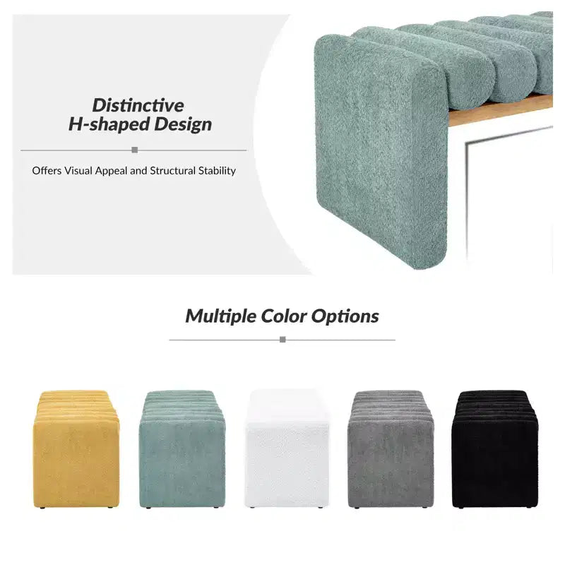 Alice Solid Wood Bench with H-Shaped Frame & Removable Round Bolster Cushions - Modern Minimalist, Polyester Upholstery, 19" Seat Height