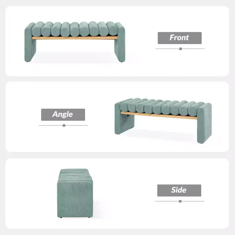 Alice Solid Wood Bench with H-Shaped Frame & Removable Round Bolster Cushions - Modern Minimalist, Polyester Upholstery, 19" Seat Height